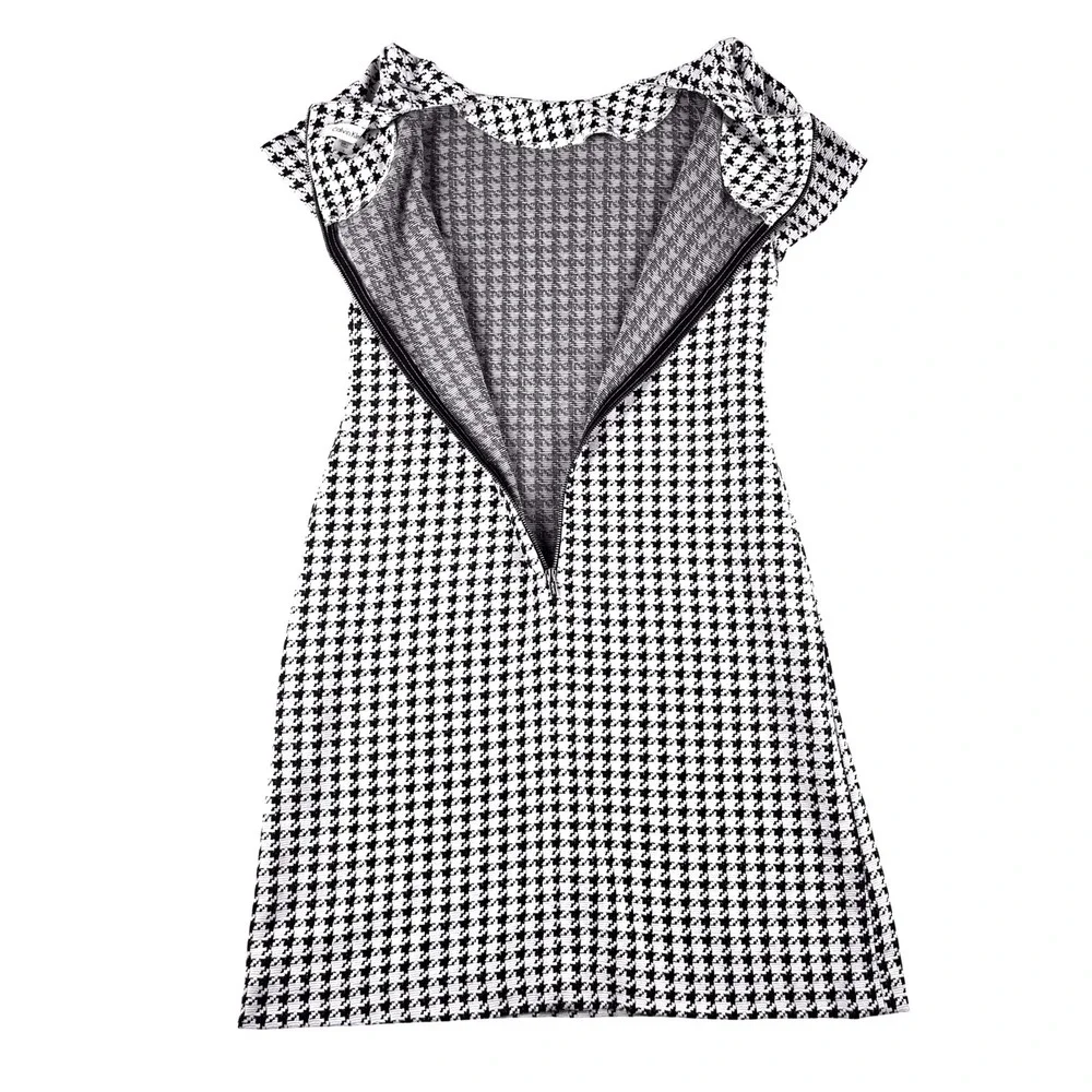 Calvin Klein Houndstooth Sheath Dress Women 6 Black White Short Sleeve Workwear